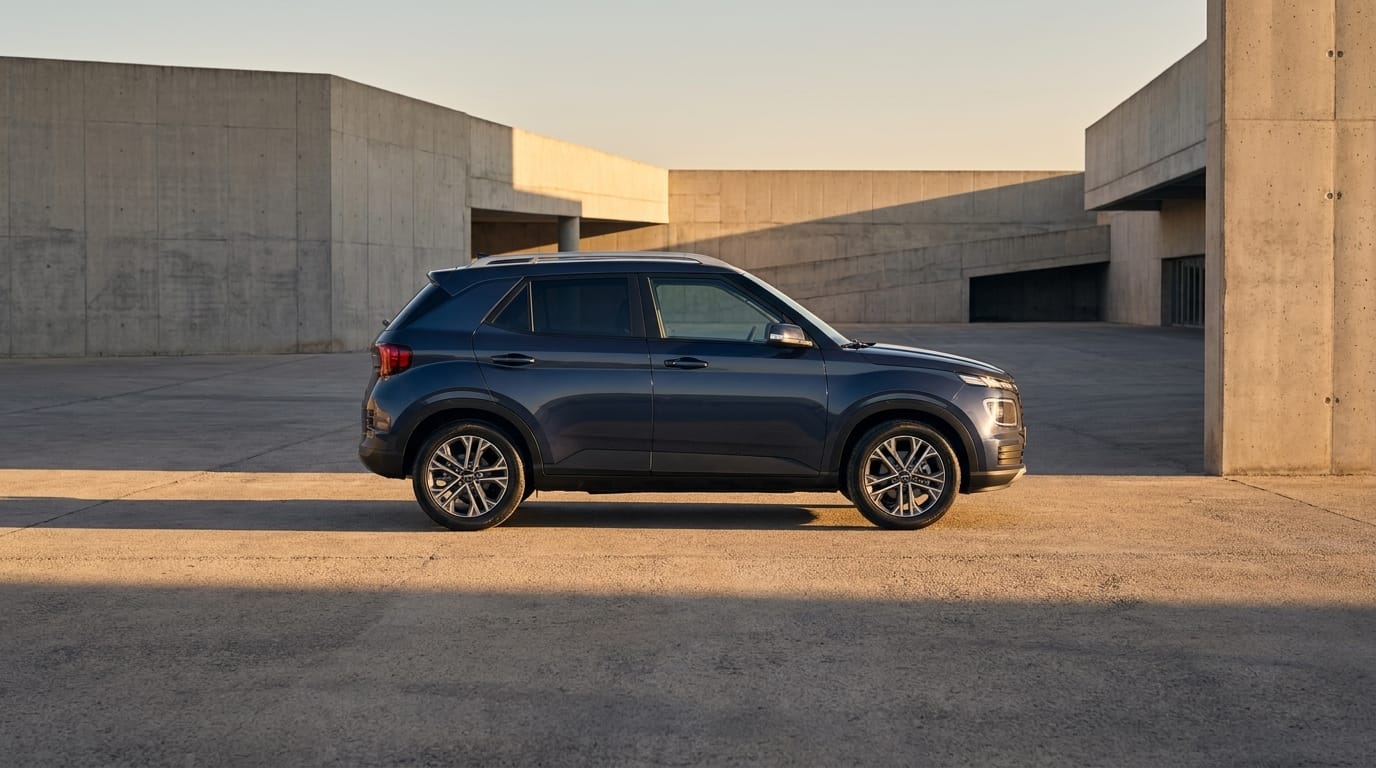 Profilvy av en mörkblå 2026 Hyundai Venue parkerad på en stor betongyta i varmt eftermiddagsljus.