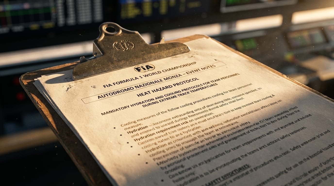 Ett urklipp med officiella FIA-dokument och värmefara-protokoll i ett kontrollrum.