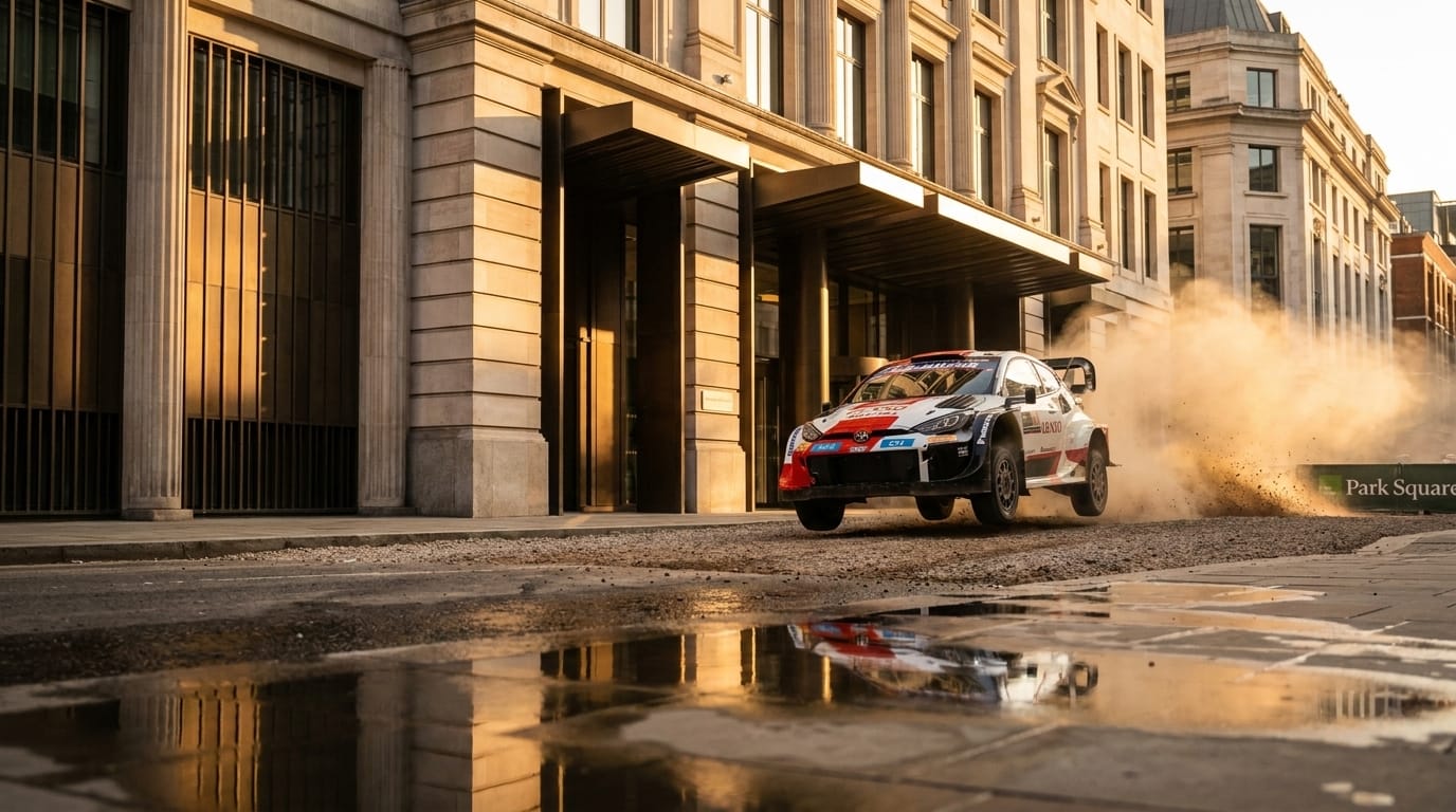 En modern rallybil navigerar på en grussträcka framför klassisk arkitektur i Bishopsgate, London, omgiven av uppvirvlat damm i eftermiddagssol.