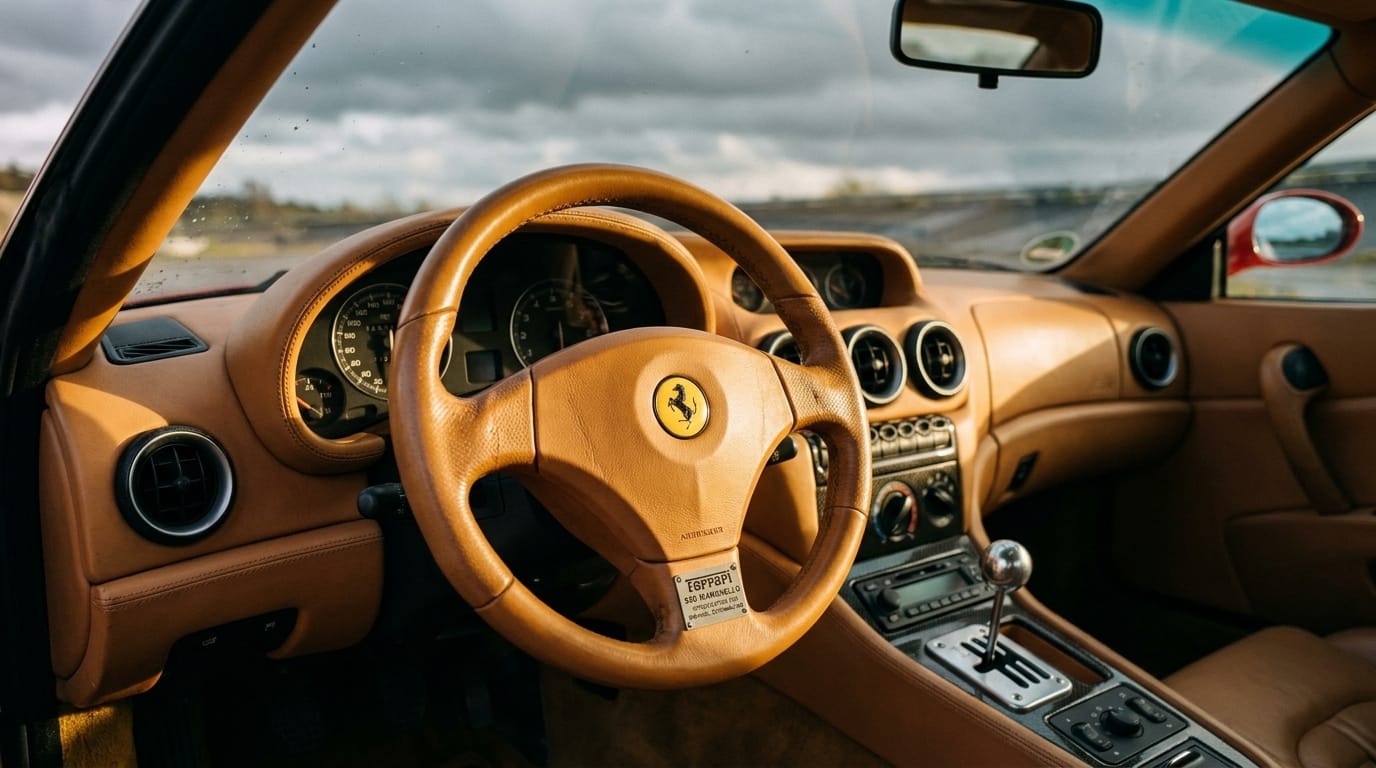 Interiör av en Ferrari 550 med brun läderratt, klassiska mätartavlor och växelväljare i metall.