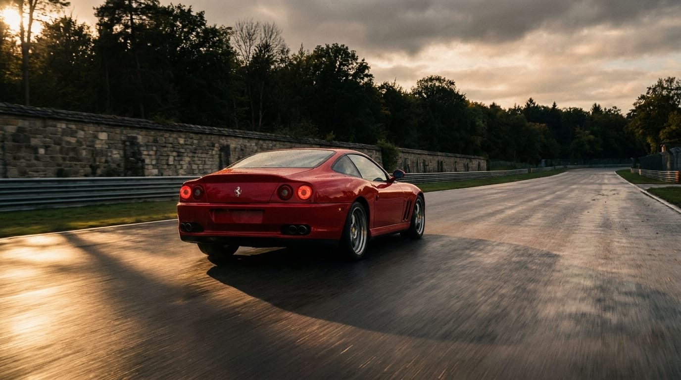 Röd Ferrari 550 Maranello fotograferad i låg vinkel bakifrån på en våt testbana under solnedgång.