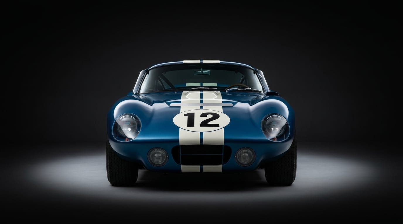 Shelby Cobra Daytona Coupe sett framifrån i en mörk studio med mjuk belysning på lacken.