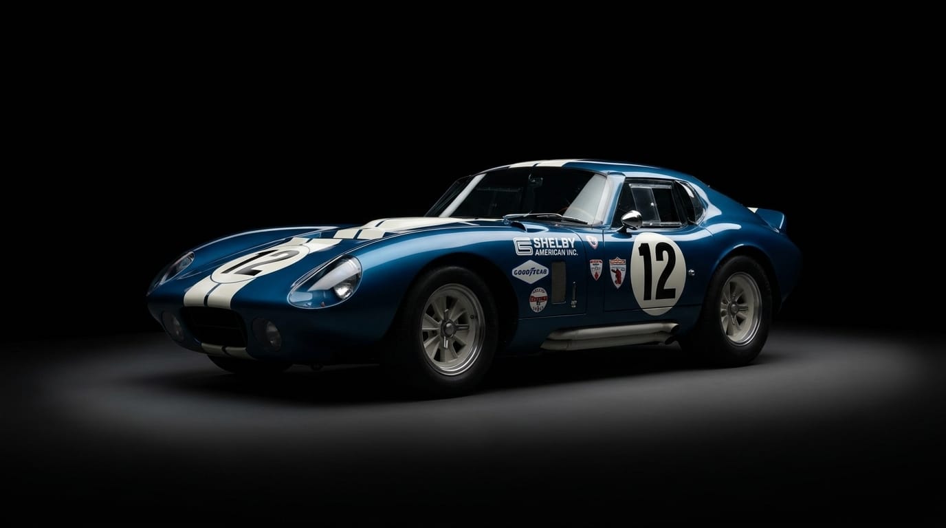Mörkblå Shelby Cobra Daytona Coupe med vita racingränder och nummer 12 i en mörk studio med mjuk belysning.