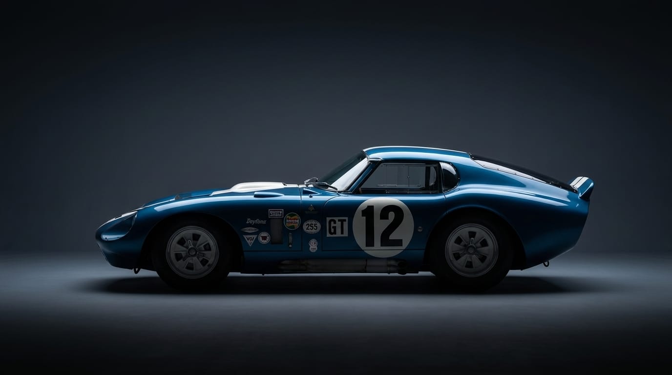 Blå Shelby Cobra Daytona Coupe i sidoprofil mot en mörk studiobakgrund.