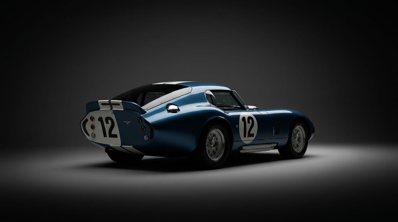 Blå Shelby Cobra Daytona Coupe sedd snett bakifrån i en mörk studio.