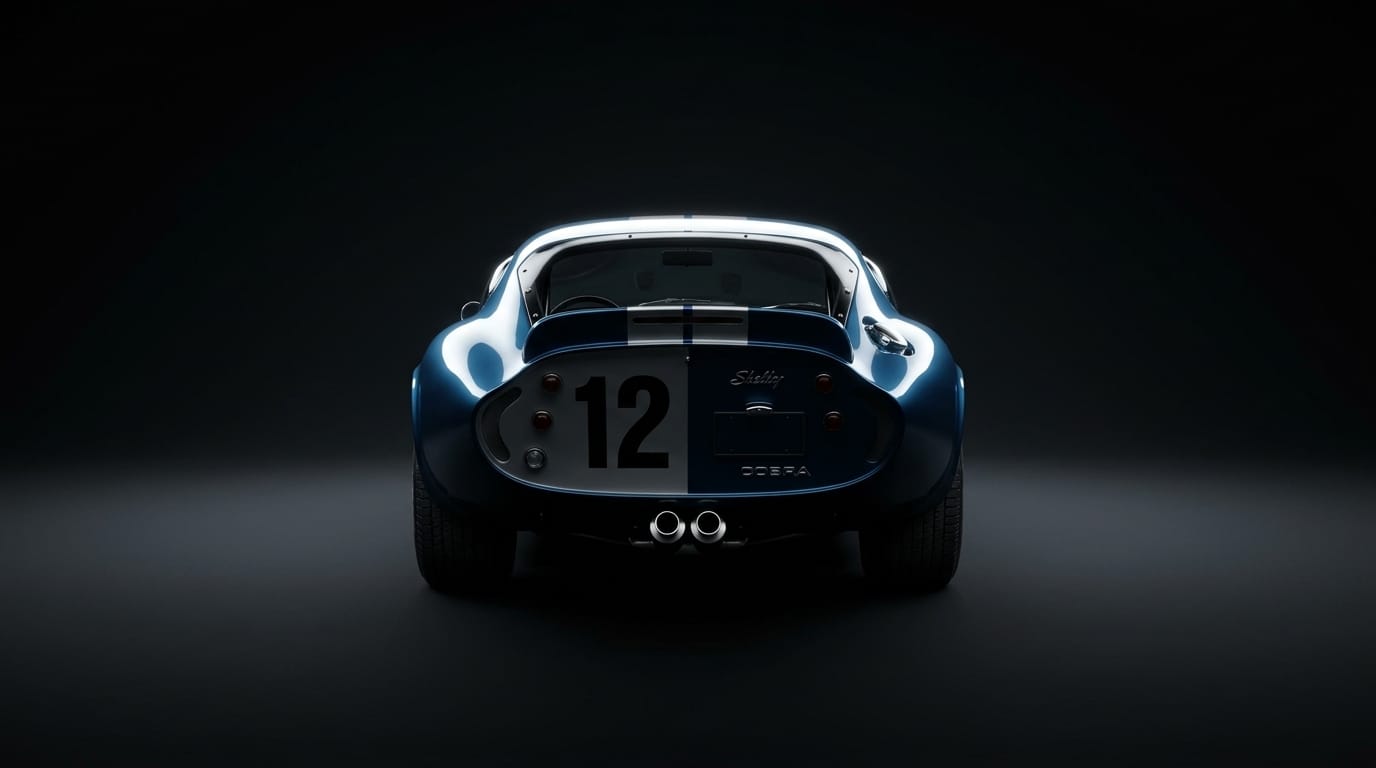 Bakifrån på en blå Shelby Cobra Daytona Coupe med vita racingränder och nummer 12, uppställd i en mörk studio med dämpad belysning.