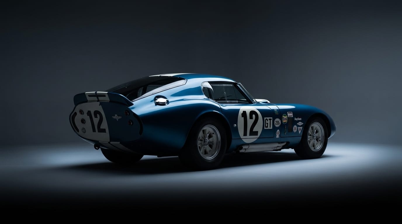 Shelby Cobra Daytona Coupe i mörk studio, fotograferad i bakre trekvartsvinkel med startnummer 12.