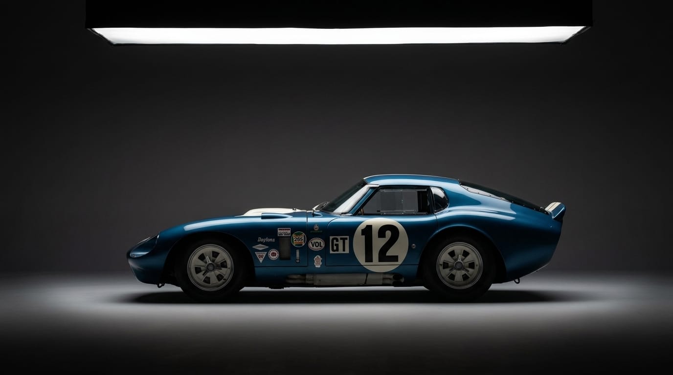 Blå Shelby Cobra Daytona Coupe i profil mot mörk bakgrund.