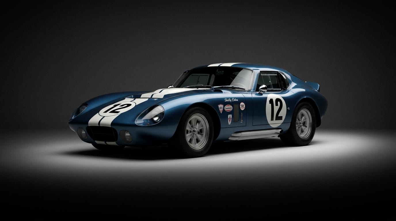 Mörkblå Shelby Cobra Daytona Coupe med vita racingränder och startnummer 12 i en mörk fotostudio.