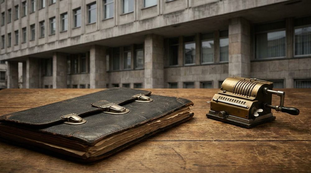 A thick leather folder and a brass mechanical calculator sit on a wooden desk with a concrete building in the background.