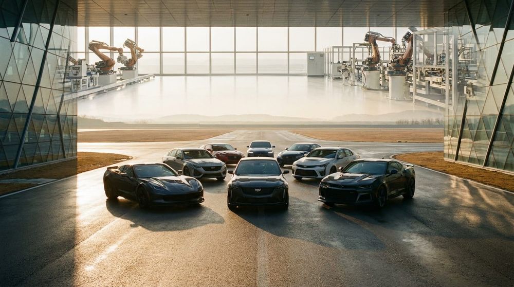 Flotta av General Motors-prestandabilar uppställda på en testbana med glasarkitektur och monteringsrobotar i bakgrunden.