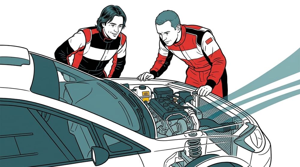 Illustration av två förare som tittar ner i motorn på en rallybil i en teknisk ritningsstil.