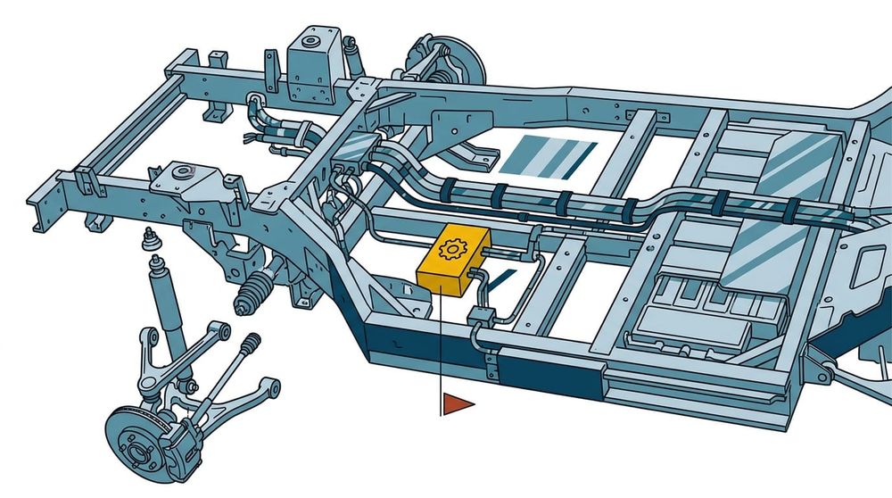 En teknisk illustration av en bilplattform med chassi, elsystem och upphängningskomponenter i blåa och gula nyanser på vit bakgrund.