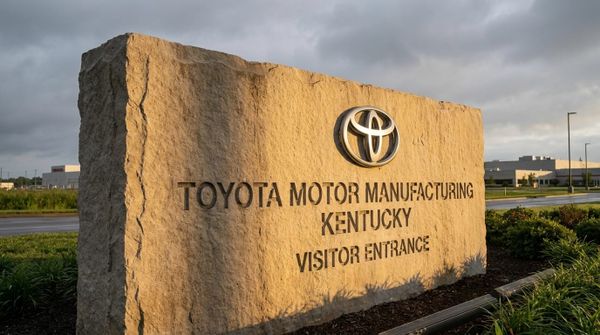 En stor kalkstensskylt med texten Toyota Motor Manufacturing Kentucky Visitor Entrance och Toyotas logotyp i solljus.