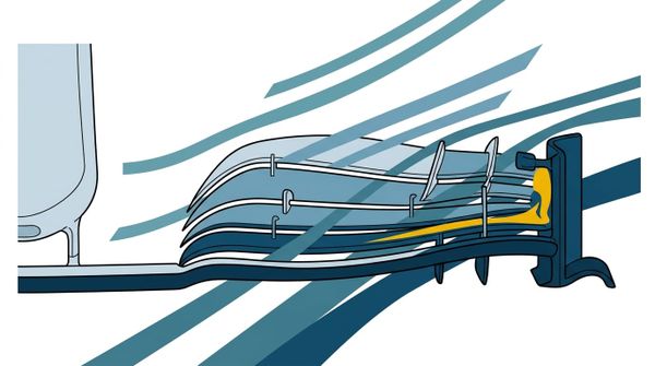 Grafisk illustration av luftflödessimulering över en Formel 1-framvinge.