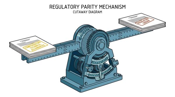 En teknisk illustration av en regulatorisk paritetsmekanism som en våg med kugghjul och flaggor på vit bakgrund.