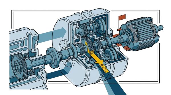 Teknisk illustration av ett hybridmaritimt framdrivningssystem med kuggväxlar, axlar och elmotor i blå toner med gula och röda accenter.