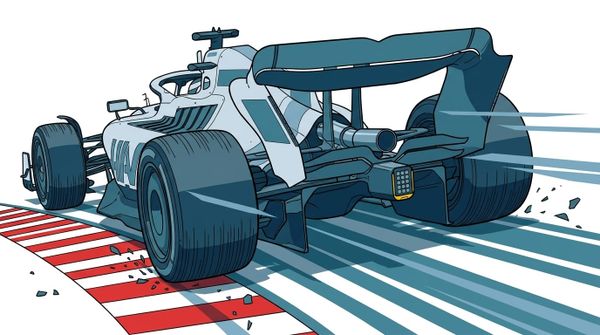 Bakifrånvy av en vit Formel 1-bil i rörelse på en bana med röd- och vitrandiga curbs, i stil med en teknisk illustration.