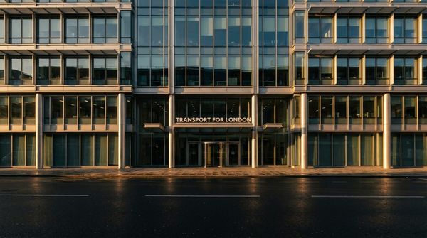 Exteriörfasad av Transport for Londons huvudkontor med glas och stål, med skylten "Transport for London" ovanför entrén.