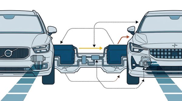 Teknisk illustration ihopparad med Volvo och Polestar, batteripaket och elmotorer i genomskärning mot vit bakgrund.