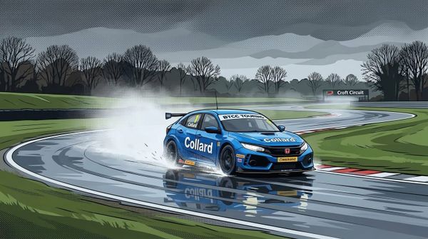 Ricky Collards blå touringbil sladdar på en blöt bana på Croft Circuit under en molnig himmel.
