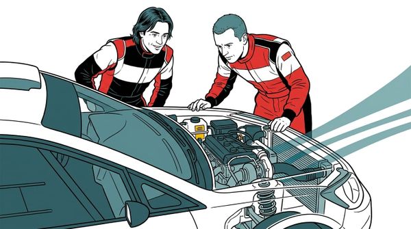 Illustration av två förare som tittar ner i motorn på en rallybil i en teknisk ritningsstil.