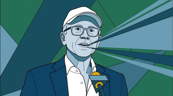 Illustration av Lawrence Stroll i glasögon och vit keps, iförd mörkblå kavaj och vit skjorta vid en presskonferens.