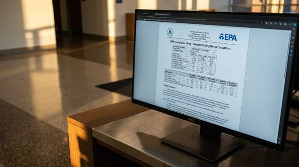 Skärm som visar ett officiellt EPA-dokument med beräkningar för elbilars räckvidd i en offentlig byggnad.