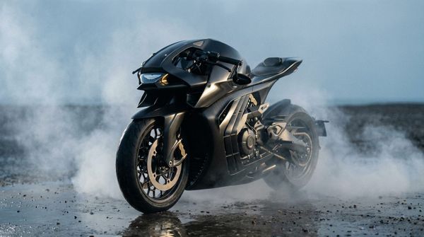 En mörk Aston Martin AMB 002-motorcykel står på våt mark omgiven av låg rök mot en disig himmel.