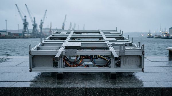 En modulär fordonsplattform av aluminiumprofiler på en fuktig stenkaj vid en hamn med kranar i bakgrunden.