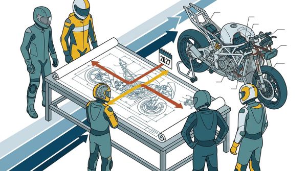Teknisk illustration som visar MotoGP 2027 Regulatory Shift and Rider Market Upheaval med ritningar och förare vid ett bord.