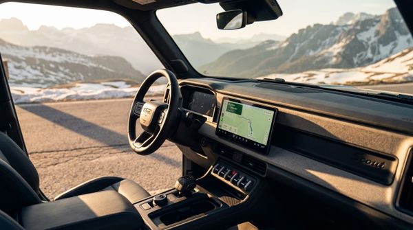 Insidan av en Scout Traveler med minimalistisk instrumentpanel, digital skärm och ratt, med snöklädda berg i bakgrunden.