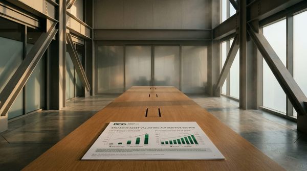 Ett stramt och symmetriskt konferensrum med ett långt ekbord i förgrunden där ett dokument med diagram ligger.