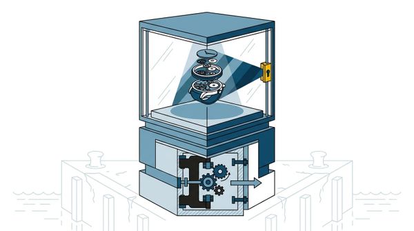 Teknisk illustration av ett exklusivt armbandsur i en monter vid Nordic Waterfront Quay.