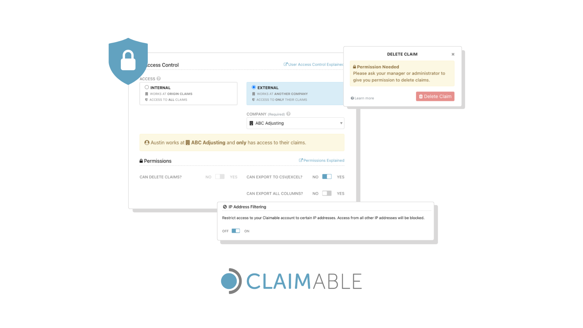 An image illustrating some of Claimable's access control features such as IP filtering and per-user permissions.
