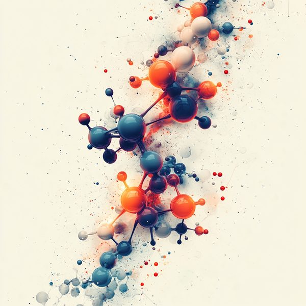 Abstract depiction of molecular structure with interconnected spheres in blue, orange, and white