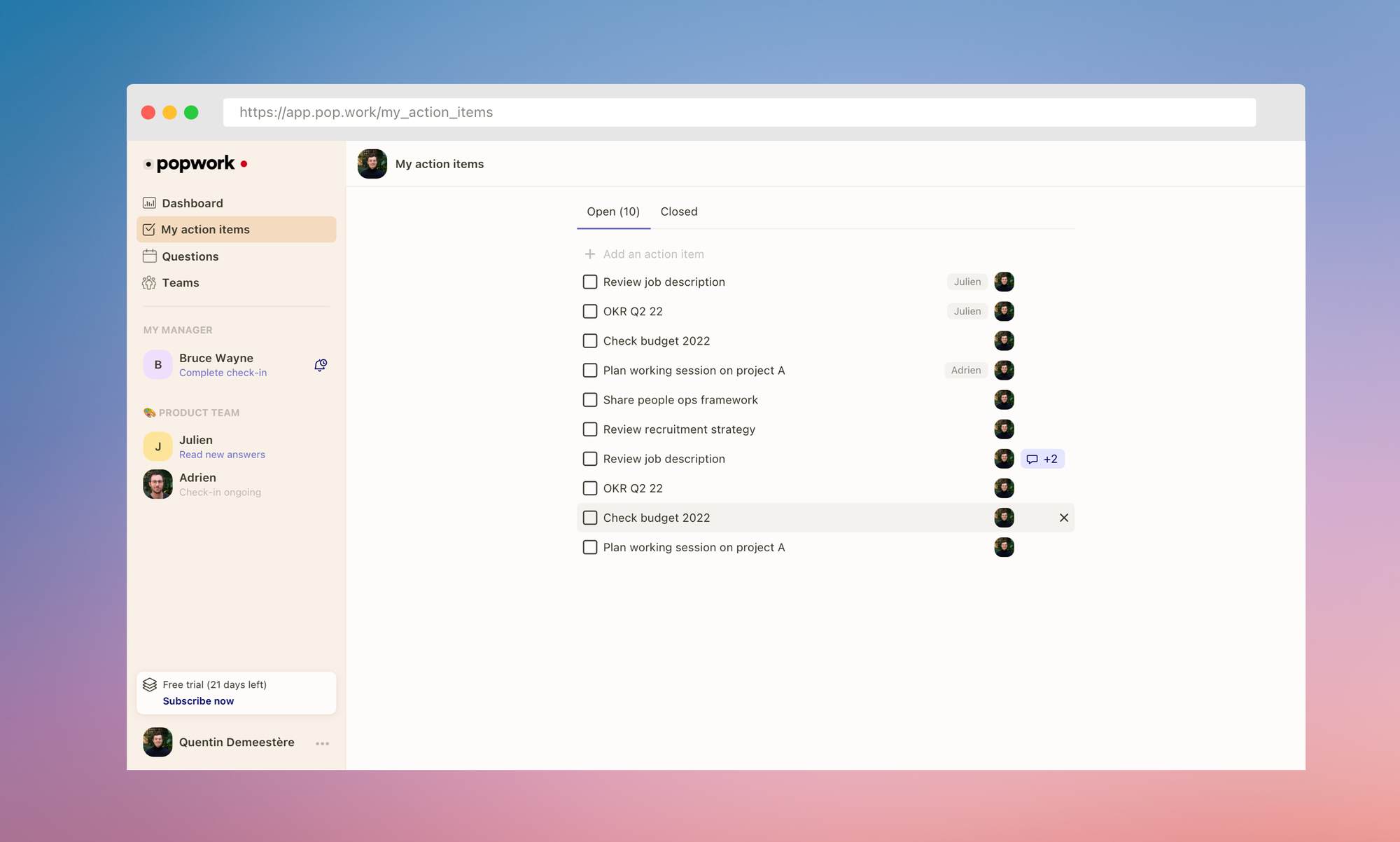 Popwork action items