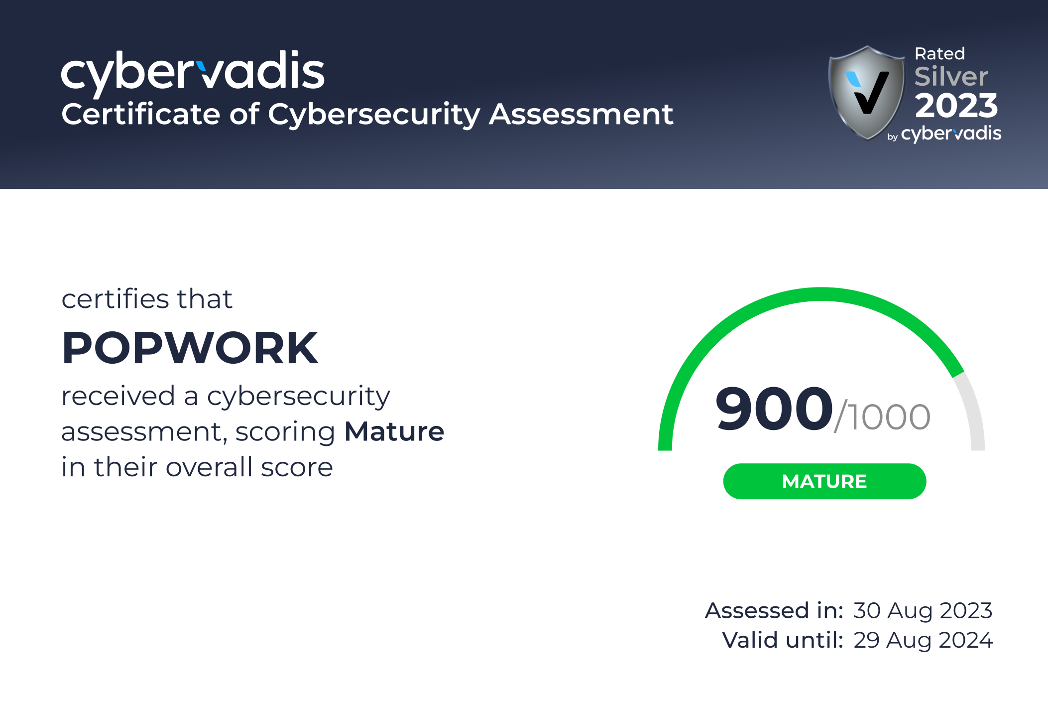 Popwork's Cybervadis certificates