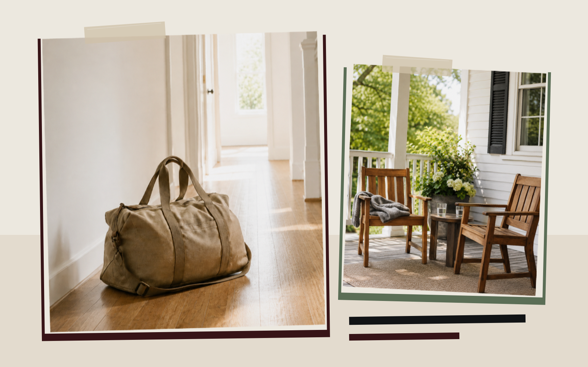 A canvas duffel bag set down in a sunlit hallway, beside two porch chairs angled toward each other with a folded sweater on one, in a paper collage.