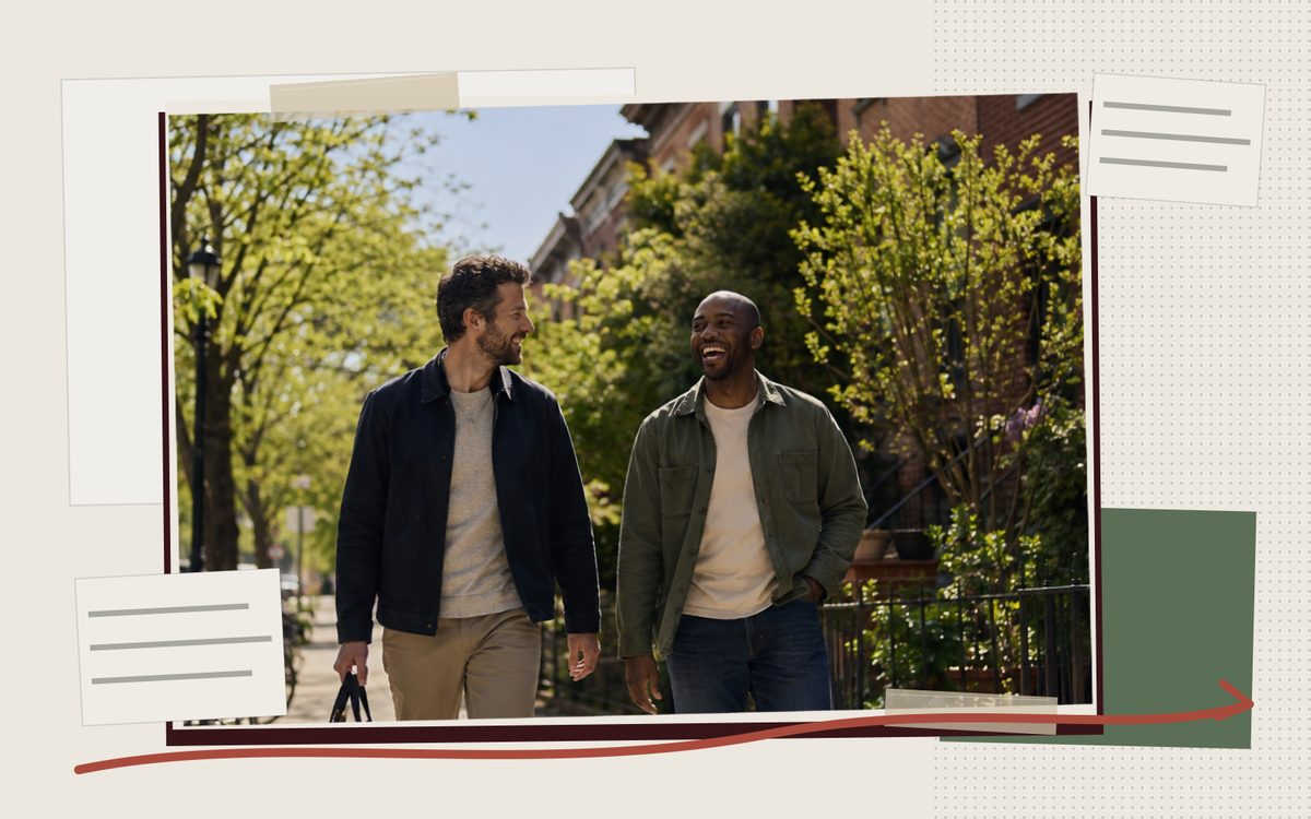 Two friends walking a bright neighborhood sidewalk carrying a canvas tool bag, in a paper collage.