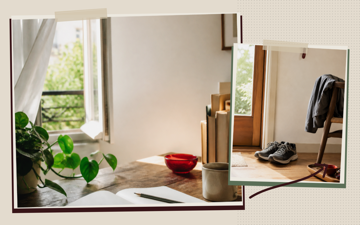 A sunlit writing table beside running shoes waiting at a front door, in a paper collage