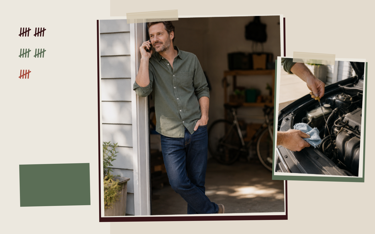 A man taking a relaxed phone call in his open garage doorway, beside hands checking a car's oil dipstick over a clean engine bay, in a paper collage.
