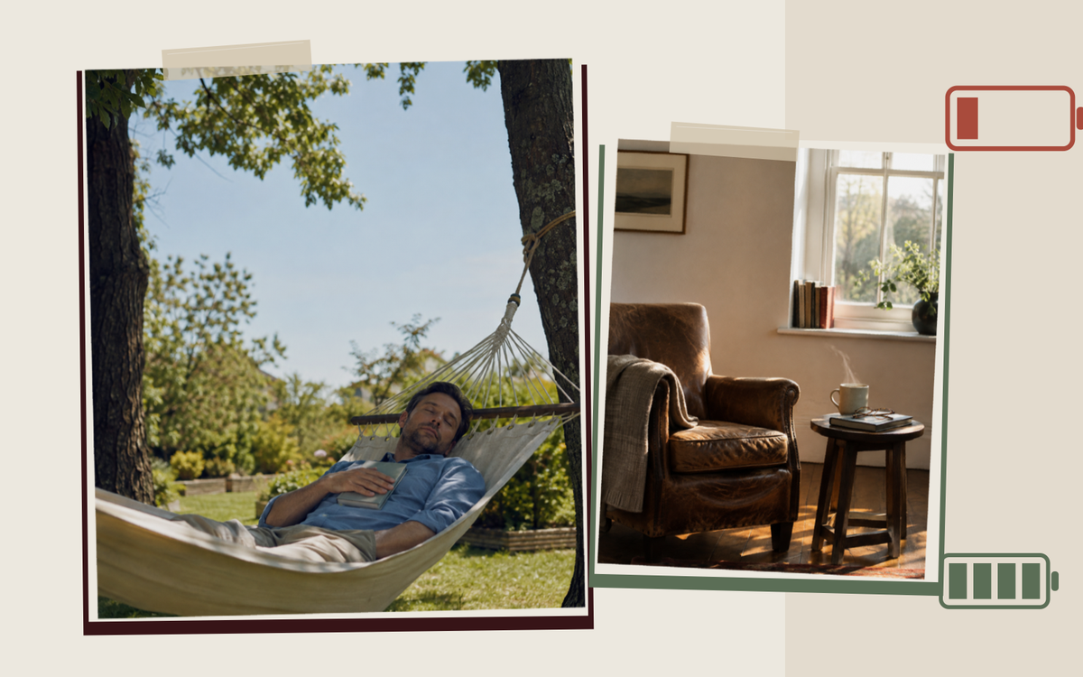 A man asleep in a daytime hammock in a bright backyard, beside a kettle, a mug, and an open book at an armchair in morning light, in a paper collage.