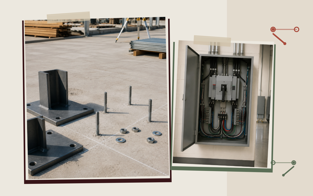 Steel base plates and anchor bolts on a cured concrete slab in morning light, beside an open panel cabinet with a labeled transfer switch, in a paper collage.