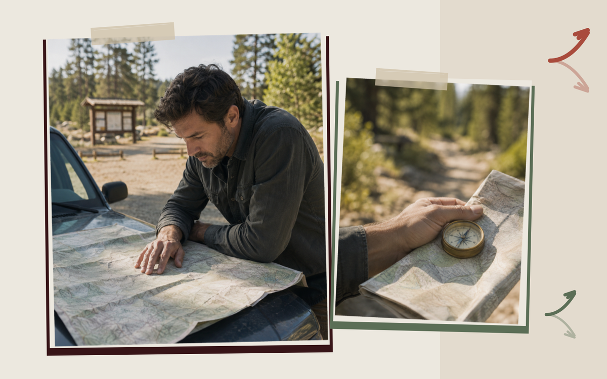 A man studying a paper map spread on a truck hood in bright morning light, beside a handheld compass held over a folded map, in a paper collage.