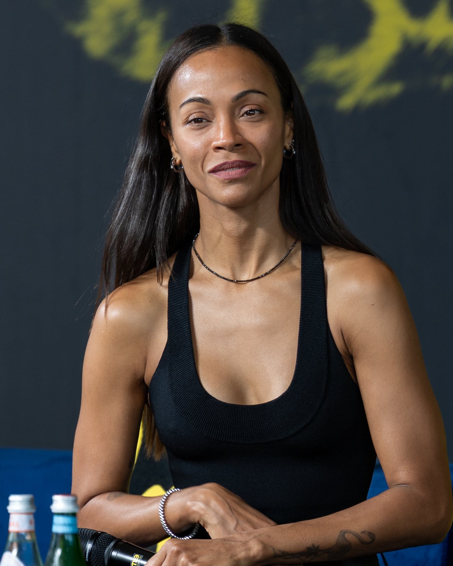 Zoe Saldaña during a talk at the 2026 Locarno Film Festival.