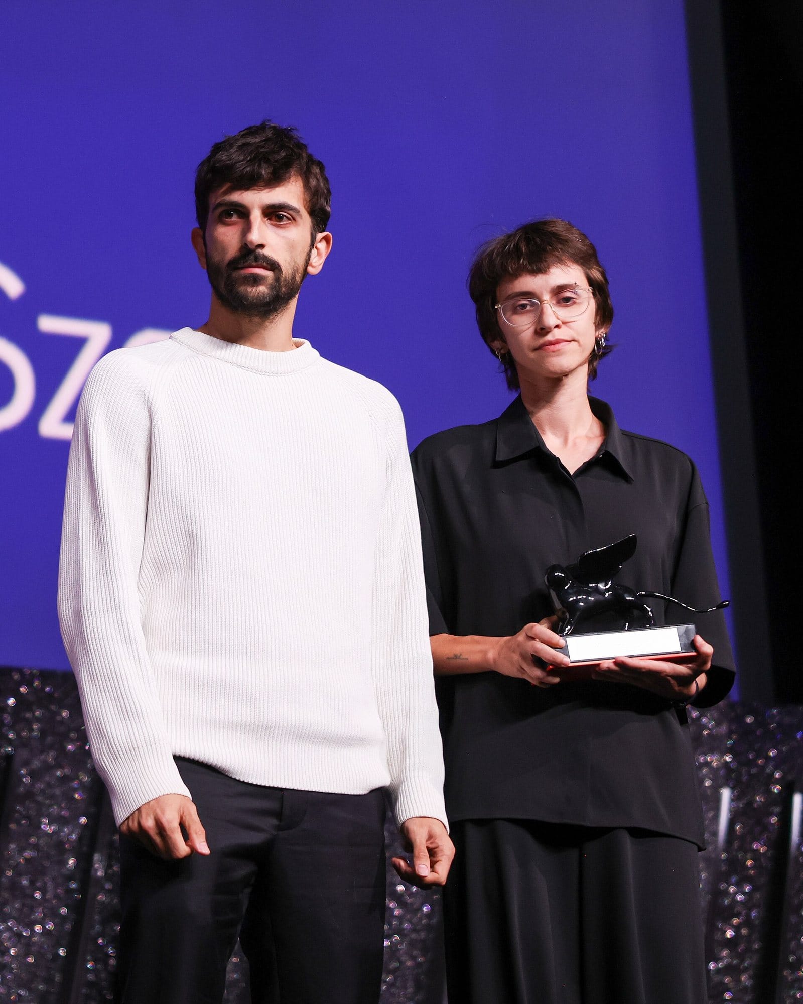 Yuval Abraham and Rachel Szor with the Special Jury Prize for NAZA during the closing ceremony.