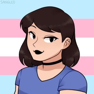 A cartoon picture of writer Grace Robertson in front of the trans flag