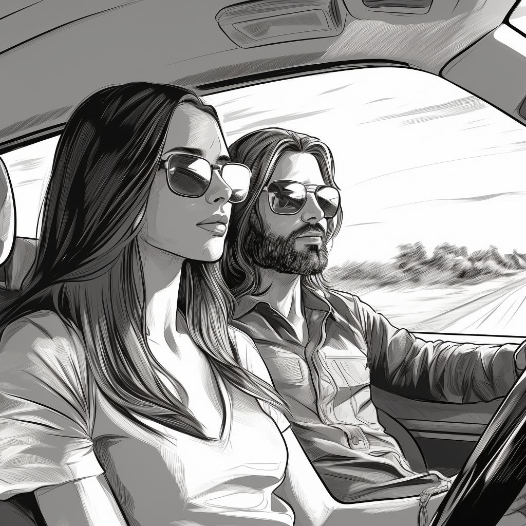 Latisha McNeel. Midjourney. Wednesday, July 12, 2023.  A black and white comic sketch shows a woman in sunglasses sitting on the left side of a car driving with a man on the right-hand passenger side with his arm on the door. This image highlighted some of the fallacies of AI generation. The algorithm struggled to generate a woman driver with a man passenger, and when it did, it generated a car with the steering wheel on the left. There will be more articles on Midjourney in the future.