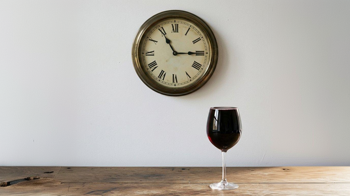 A round vintage wall clock showing the time at approximately 11:15 hangs on a plain light-colored wall. Below it, on a wooden surface, sits a glass of red wine filled nearly to the top.